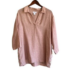 Antibes Blanc Womens Linen Popover Top Size 1X Lagenlook Collared Coastal Beachy